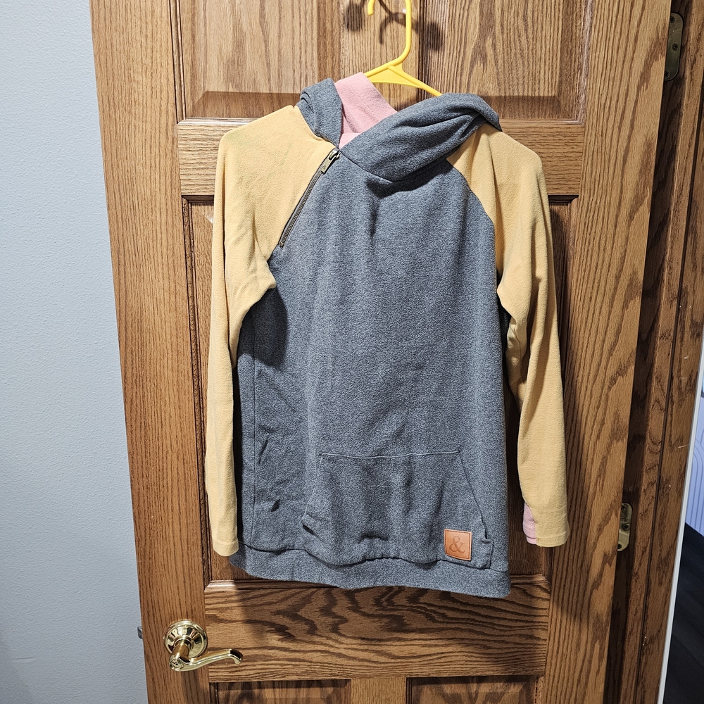 Gray and Tan Hoodie with Asymmetrical Zipper